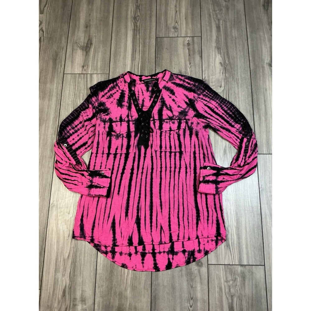 Pink Black Tie Dye Button Front Shirt Long Sleeve Roll Tab Tunic Blouse Size S